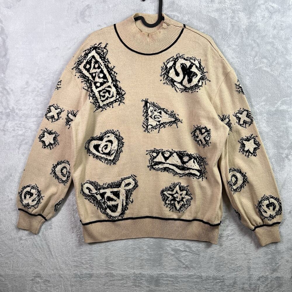 St John Collection Santana Knit Sweater Women's Medium Tan/Black Logo Print READ